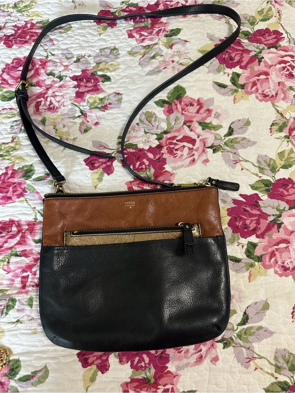 Fossil Two-Tone Leather Crossbody — Black, Brown & Gold Accent